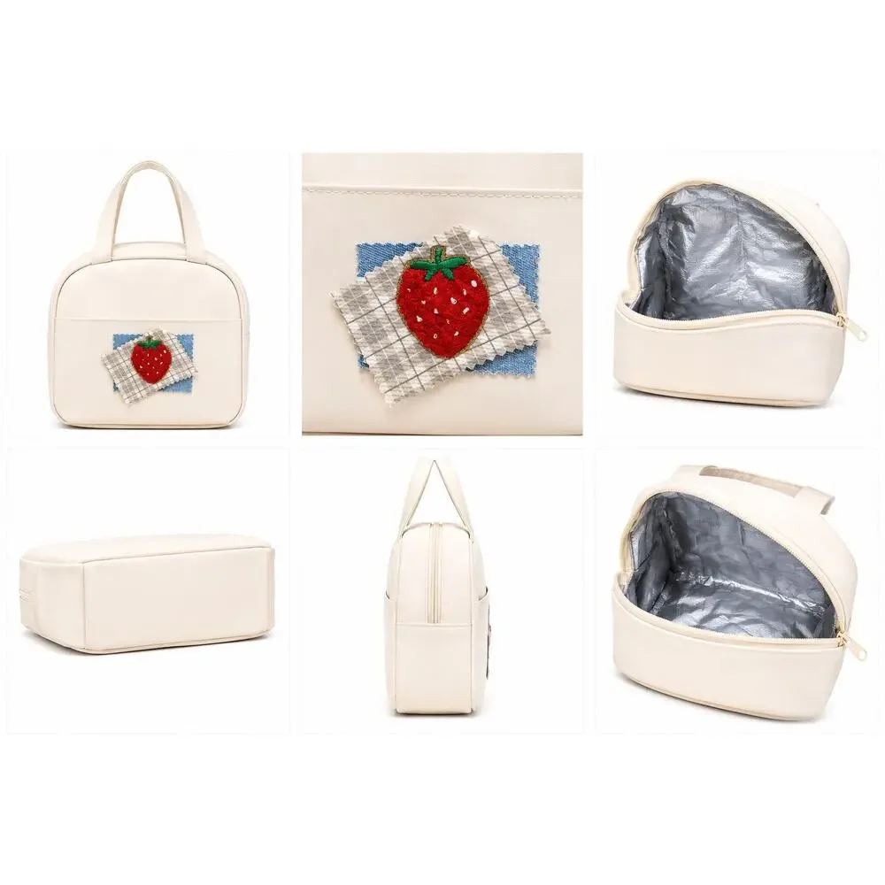Insulated Lunch Bag for Women Cream Strawberry Embroidered Reusable Lunch Tote